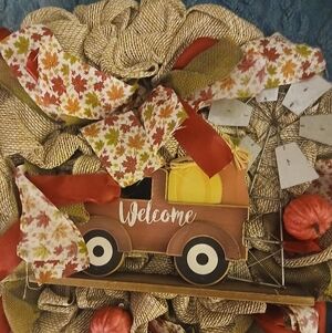 Rustic Autumn Truck Wreath with Red and Orange Accents